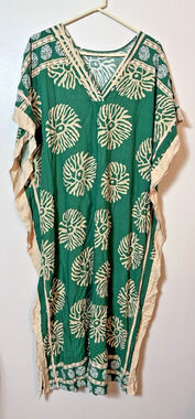 Green Beige Printed Kaftan Dress One Size Fringe Trim Beach Cover Up Resort Long
